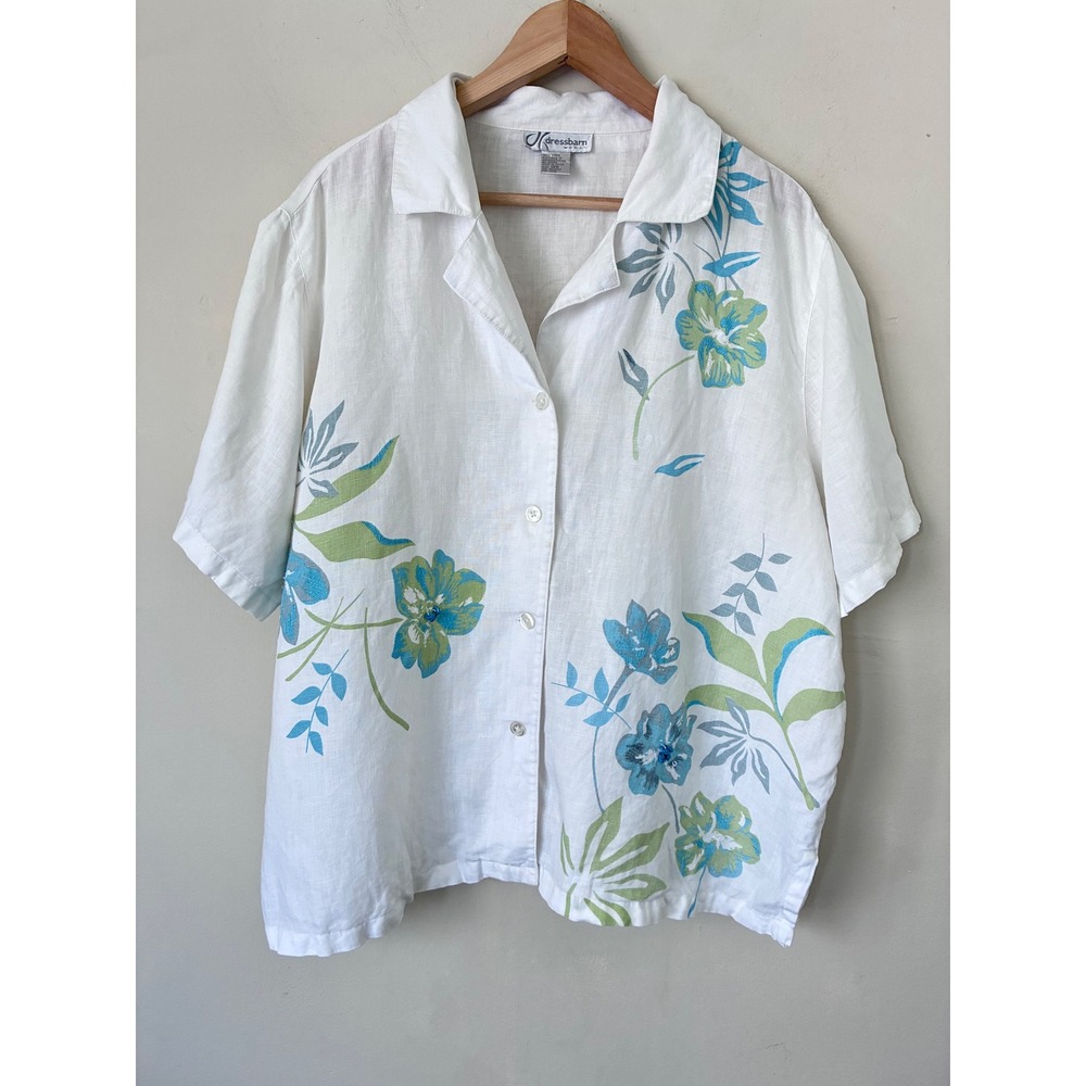 Dressbarn Woman Linen Floral Embroidered Shirt White Blue Green Plus 18W